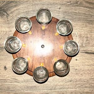 Vintage 8 shot glasses and wooden holder.